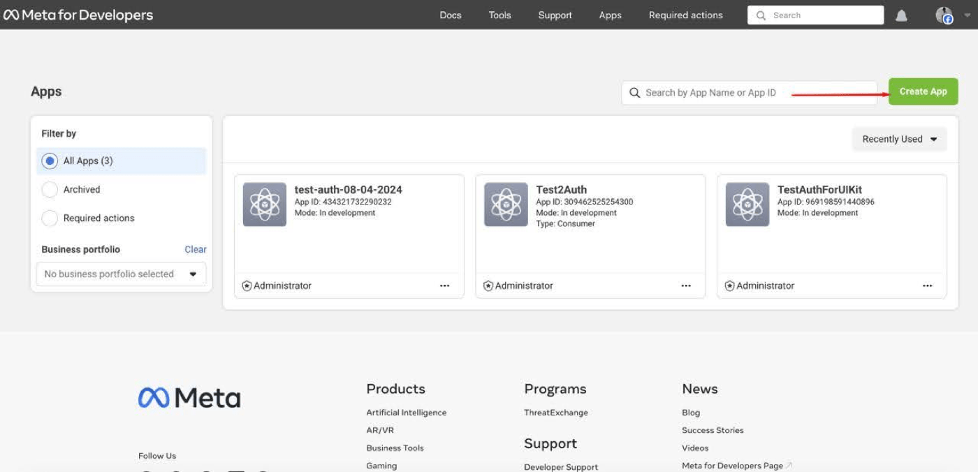 Meta For Developers dashboard