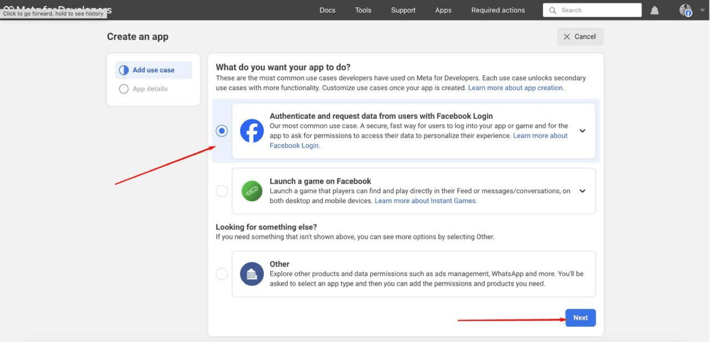 Meta For Developers dashboard