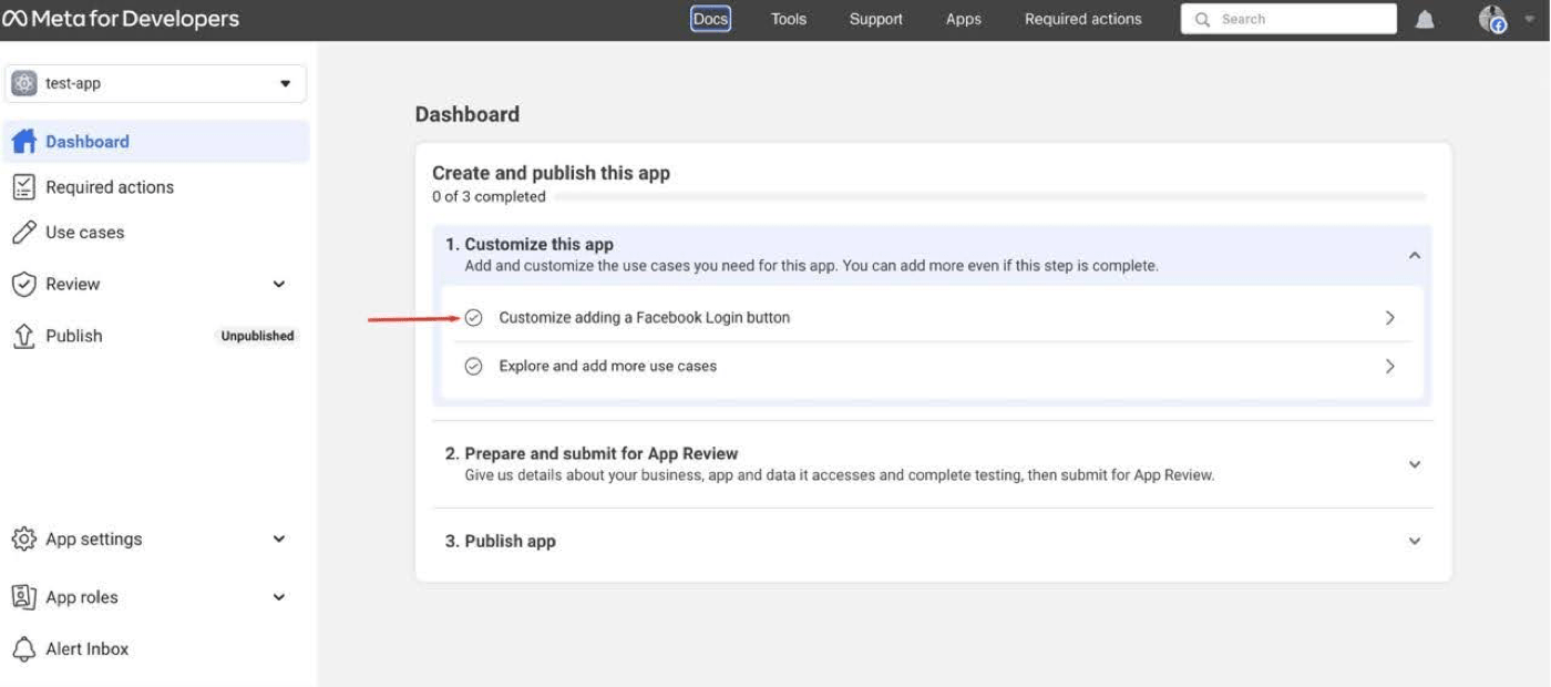 Meta For Developers dashboard