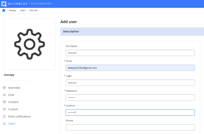 QuickBlox Dashboard create App Use