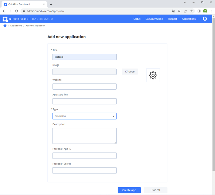 Create app on QuickBlox dashboard