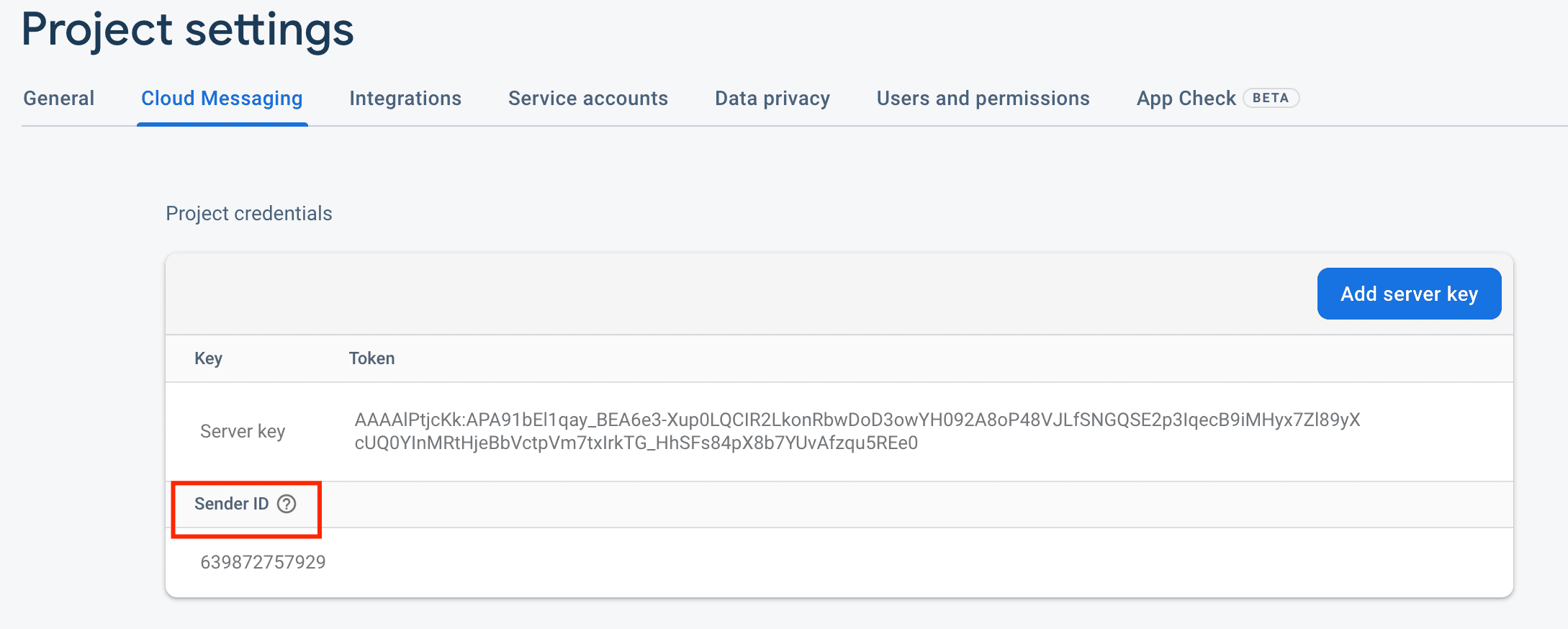 Firebase Project Settings - sender ID