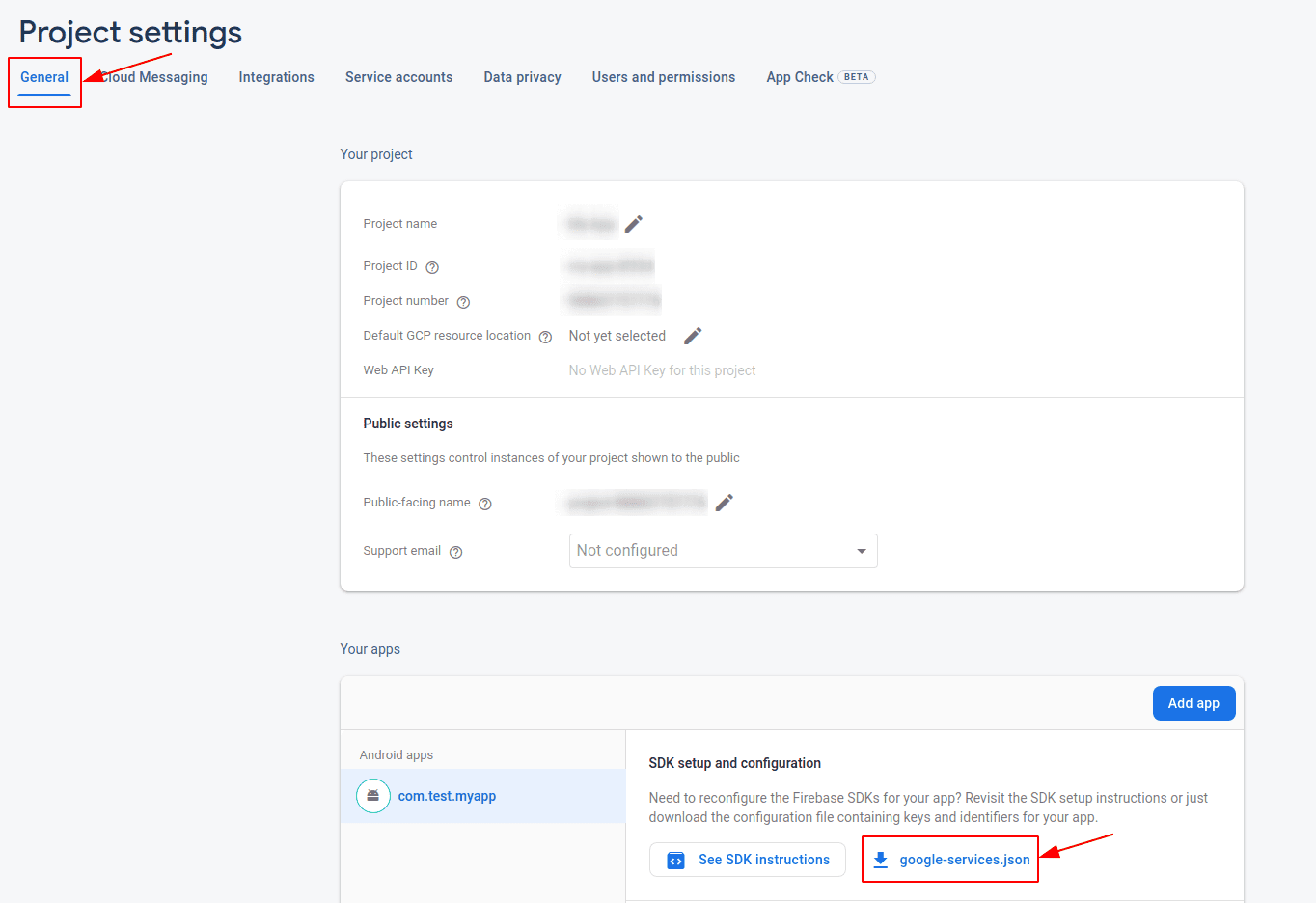 firebase project setting - general