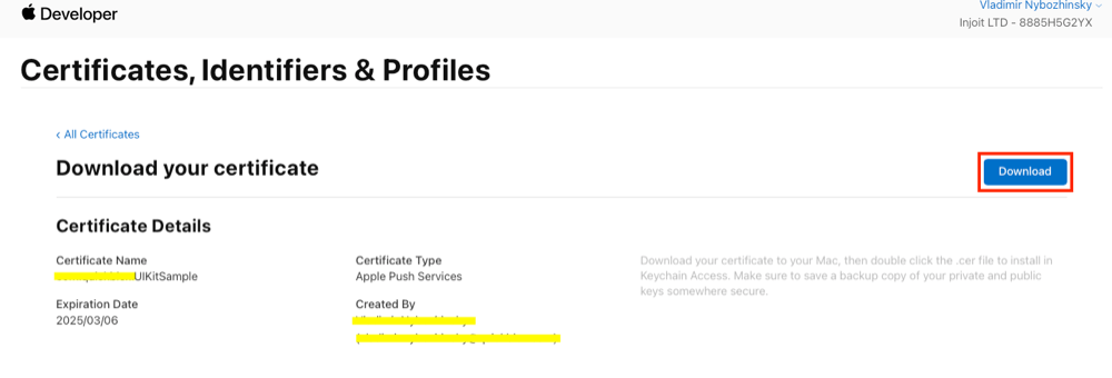 Download you APNS certificate