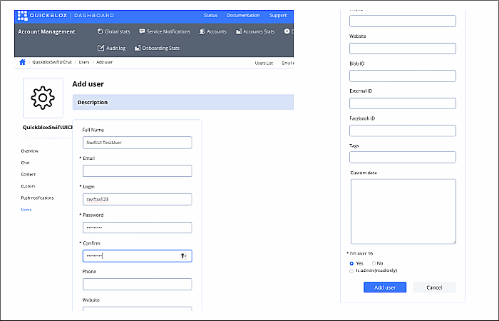 QuickBlox platform: adding users