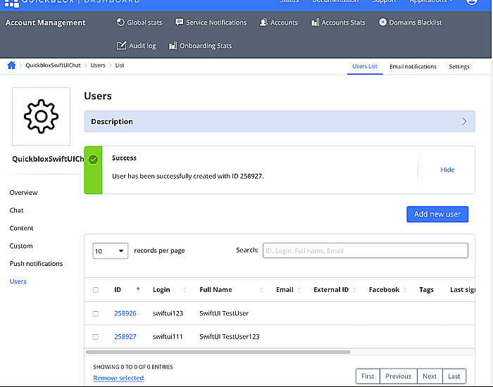 QuickBlox Dashboard, add users